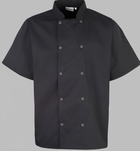 chef black short sleeve jacket with press studs